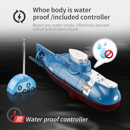 Mini RC Submarine Toy Waterproof Swim Diving in Water Tank Tube Kids Gift (Blue)