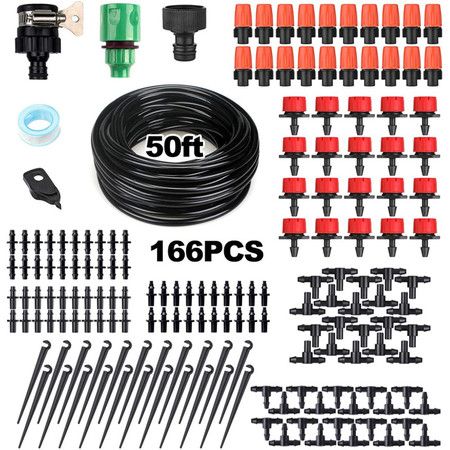 15M 166PCS Plant Watering Mist Cooling Irrigation System Hose Nozzles sprinklers Automatic KITS for Garden, Greenhouse, Patio, Lawn