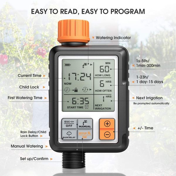 Hose Sprinkler Timer  Waterproof Child Lock Rain Delay Large Screen IP65 for Garden Lawn