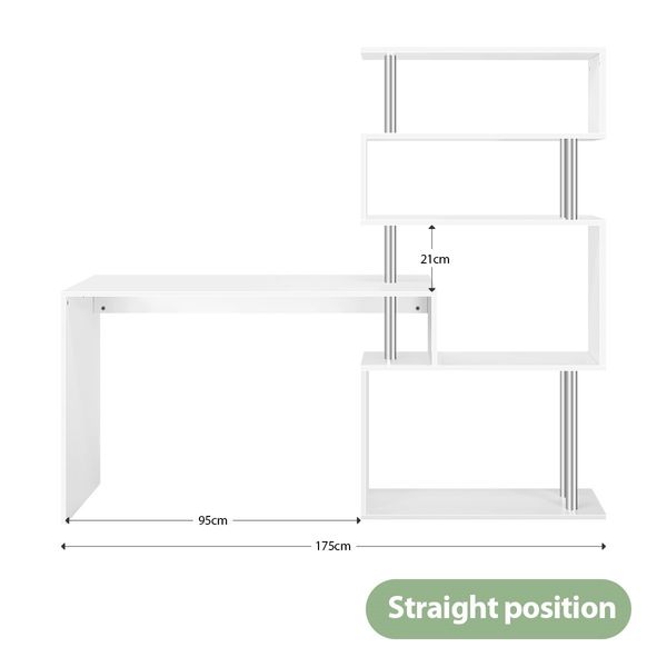 Home Office Computer Desk Corner Table Tier Bookshelf Storage L-Shaped Rotating Table White