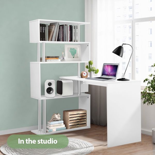 Home Office Computer Desk Corner Table Tier Bookshelf Storage L-Shaped Rotating Table White