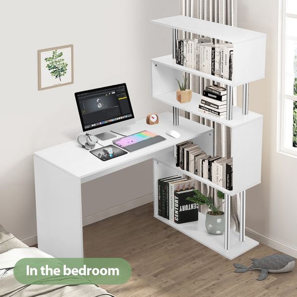 Home Office Computer Desk Corner Table Tier Bookshelf Storage L-Shaped Rotating Table White