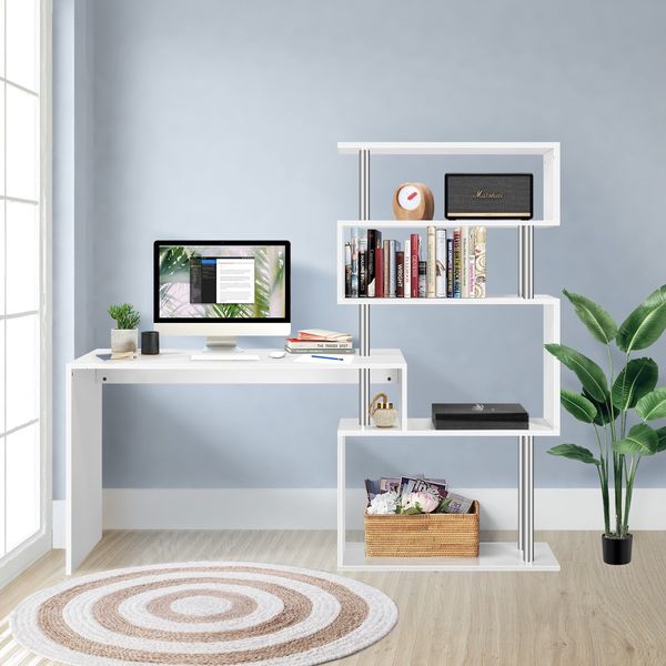 Home Office Computer Desk Corner Table Tier Bookshelf Storage L-Shaped Rotating Table White