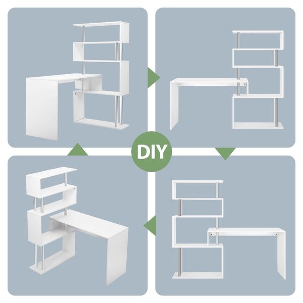 Home Office Computer Desk Corner Table Tier Bookshelf Storage L-Shaped Rotating Table White