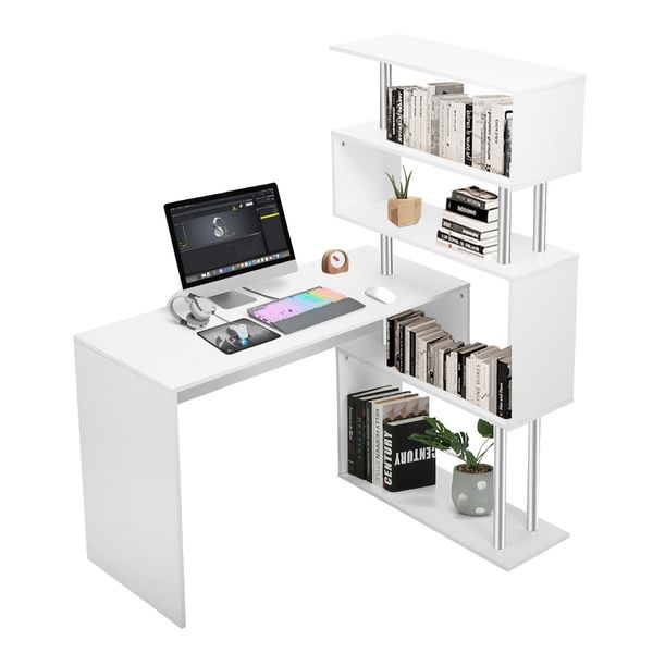 Home Office Computer Desk Corner Table Tier Bookshelf Storage L-Shaped Rotating Table White