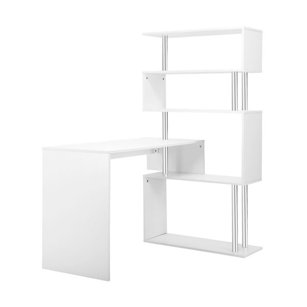 Home Office Computer Desk Corner Table Tier Bookshelf Storage L-Shaped Rotating Table White