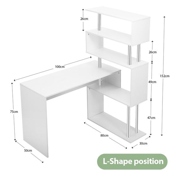 L-Shaped Rotating Home Office Desk Corner PC Computer Table W/ Hutch 4 Tier Bookshelf Storage White