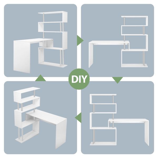 L-Shaped Rotating Home Office Desk Corner PC Computer Table W/ Hutch 4 Tier Bookshelf Storage White