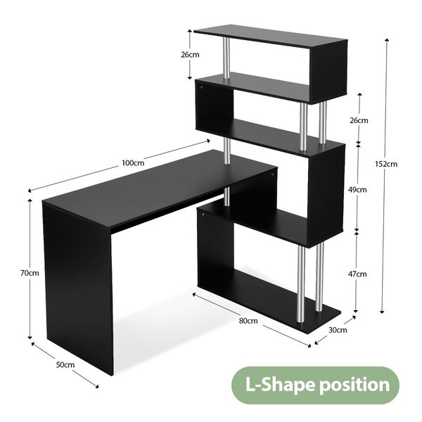 L-Shaped Rotating Home Office Desk Corner PC Computer Table W/ Hutch 4 Tier Bookshelf Storage Black