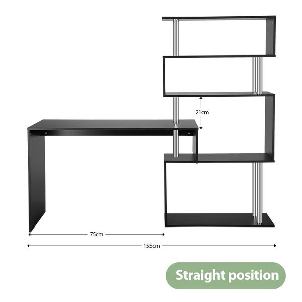 L-Shaped Rotating Home Office Desk Corner PC Computer Table W/ Hutch 4 Tier Bookshelf Storage Black