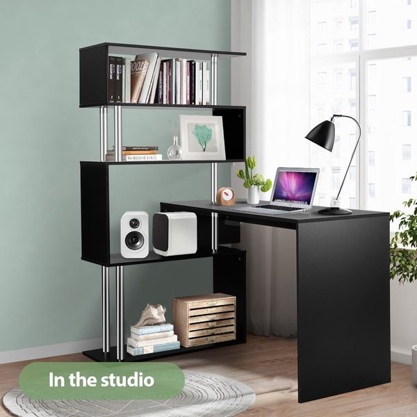 L-Shaped Rotating Home Office Desk Corner PC Computer Table W/ Hutch 4 Tier Bookshelf Storage Black