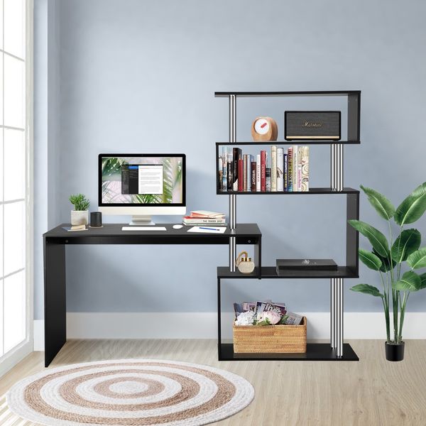 L-Shaped Rotating Home Office Desk Corner PC Computer Table W/ Hutch 4 Tier Bookshelf Storage Black