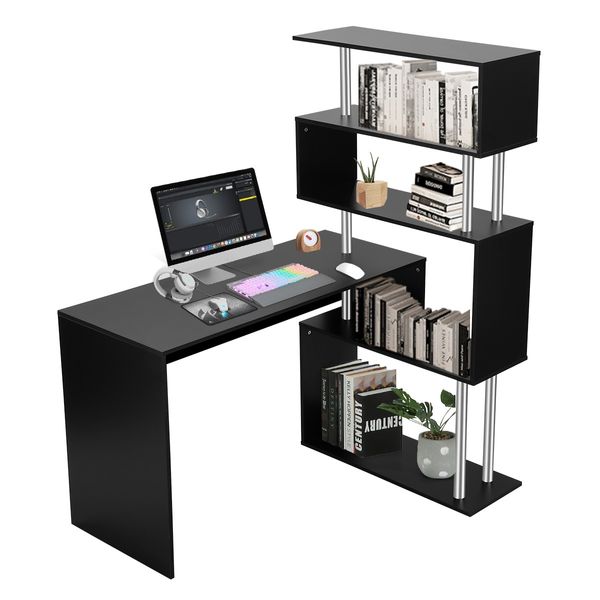 L-Shaped Rotating Home Office Desk Corner PC Computer Table W/ Hutch 4 Tier Bookshelf Storage Black