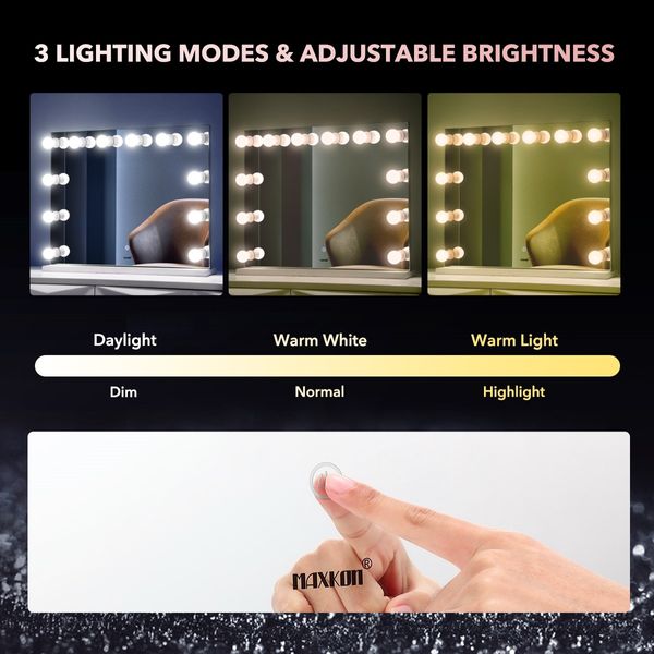 Makeup Mirror Light Up Vanity Mirror Hollywood Style Maxkon 12 LED Large w/ 3 Lighting Modes