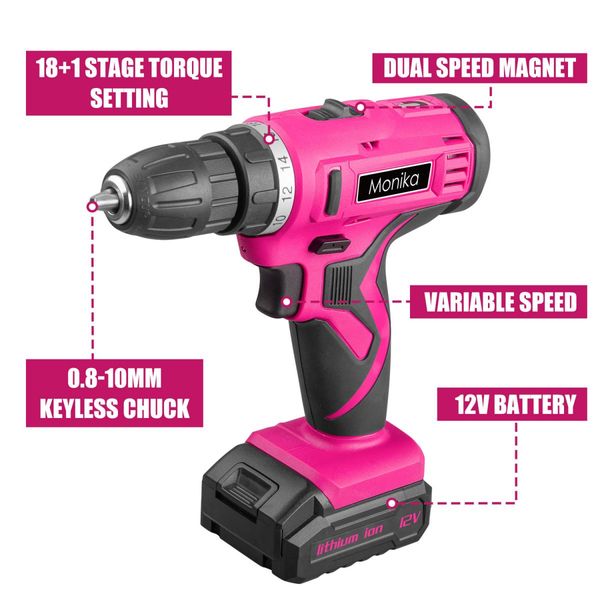 Monika 12V Pink Cordless Drill Screw Bits Sockets for Women Tool for Ladies