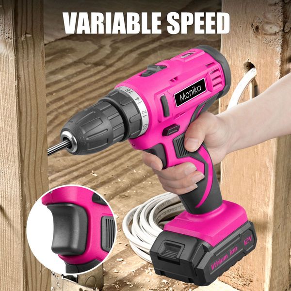 Monika 12V Pink Cordless Drill Screw Bits Sockets for Women Tool for Ladies