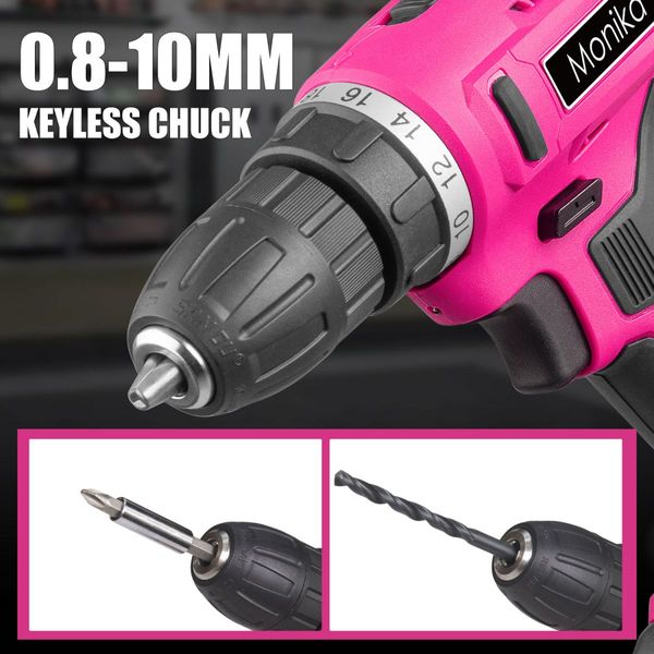 Monika 12V Pink Cordless Drill Screw Bits Sockets for Women Tool for Ladies