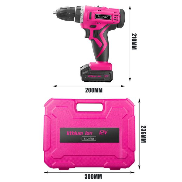 Monika 12V Pink Cordless Drill Screw Bits Sockets for Women Tool for Ladies