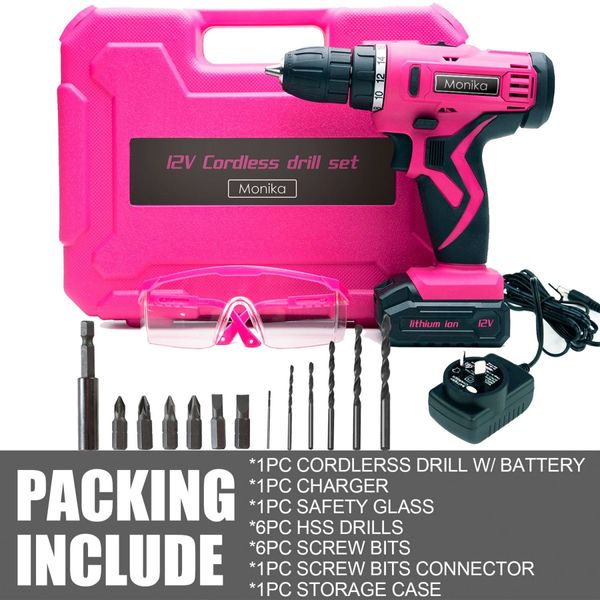 Monika 12V Pink Cordless Drill Screw Bits Sockets for Women Tool for Ladies