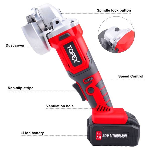 20V 125mm Cordless Angle Grinder 3.0Ah w/ 2 Batteries