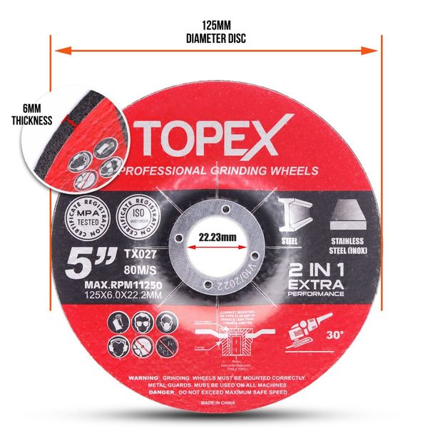 TOPEX 25pcs 125x 6.0 x 22.23mm Grinding Discs Wheels Steel Inox Angle Grinder