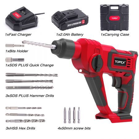 TOPEX 20V Max Lithium Cordless Rotary Hammer Drill Kit w/ Battery Charger Bits