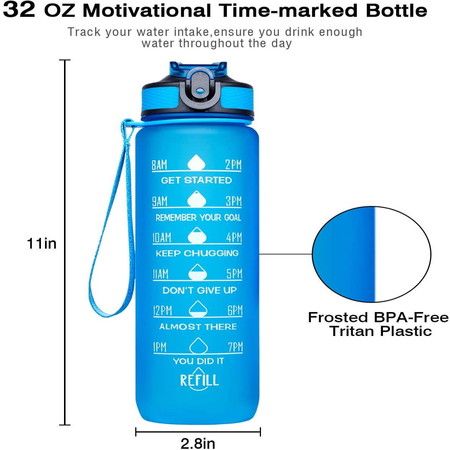 Motivational Drinking Water 1L Bottle with Time Marker & Straw -Col.Blue