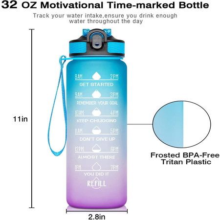 Motivational Drinking Water 1L Bottle with Time Marker & Straw -Col.Blue