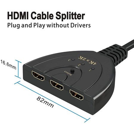 HDMI Switch,3 Port 4K HDMI Switch 3x1 Switch Splitter with Pigtail Cable Supports Full HD 4K 1080P 3D Player