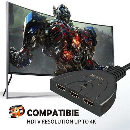 HDMI Switch,3 Port 4K HDMI Switch 3x1 Switch Splitter with Pigtail Cable Supports Full HD 4K 1080P 3D Player