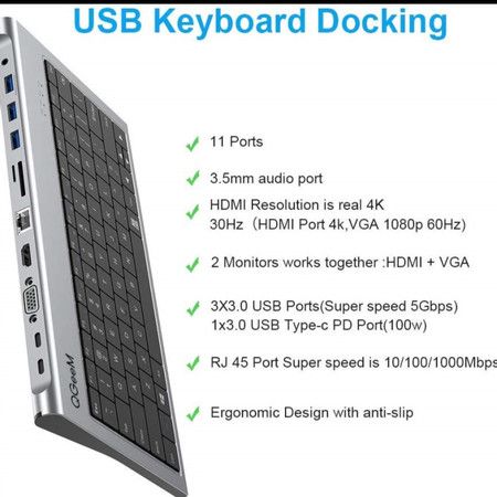 11 in 1 USB C Docking Station KeyboardUSB C to HDMI VGA USB 3.0, RJ45 Ethernet, 100W PD, For MacBook Pro,iPad Pro,iMac,Smart TV