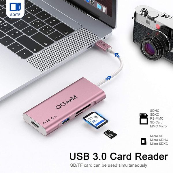 7 in 1 USB C Hub Type C to HDMI 4k Adapter Compatible with MacBook Pro(Thunderbolt 3),Ipad Pro,Chromebook,Xps 13/15 Pink