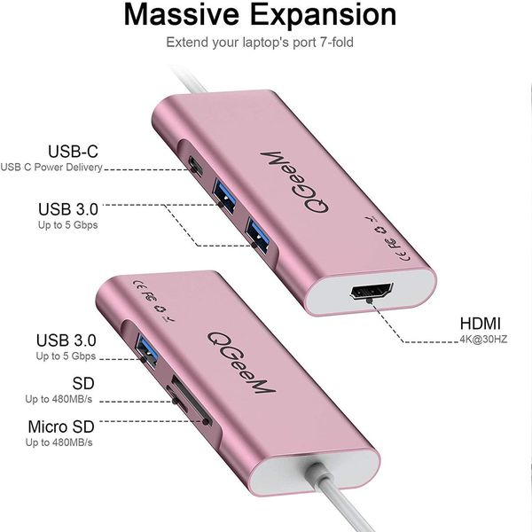 7 in 1 USB C Hub Type C to HDMI 4k Adapter Compatible with MacBook Pro(Thunderbolt 3),Ipad Pro,Chromebook,Xps 13/15 Pink