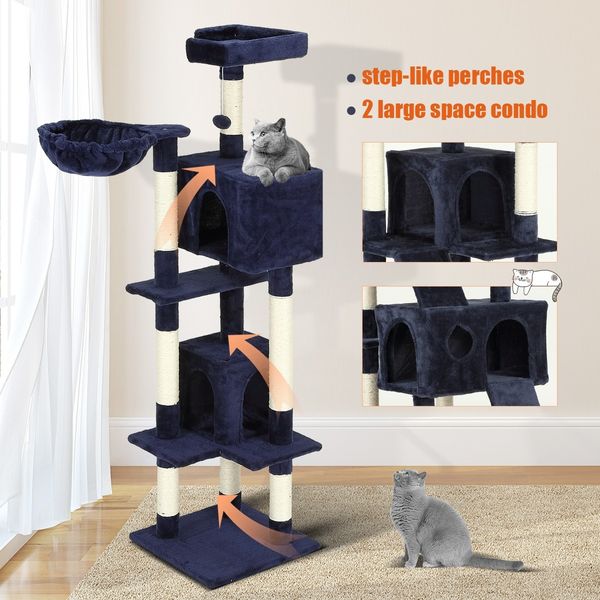 Large Cat Climbing Tree Cando Play House Scratching Tower Gym Post Scratcher Pole Perch Dark Blue 150cm Tall