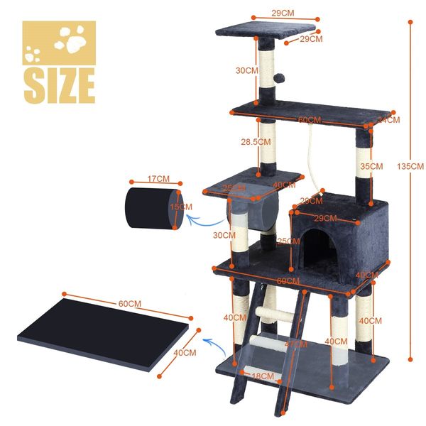 Cat Scratching Post Gym Climbing Tree Pole Tower Kitten Playhouse Pet Furniture Ladder Perch Toy 135cm Tall Multi Levels