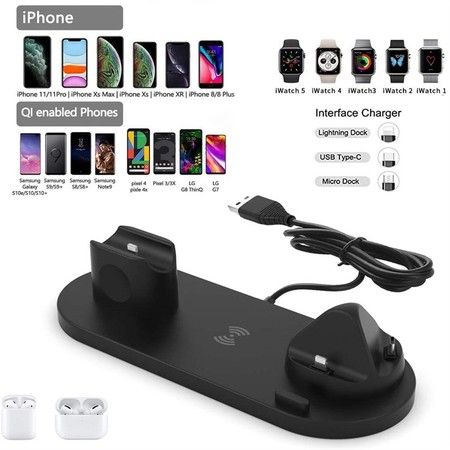 10W 4in1 Wireless fast Charger Station compatible with Apple/Micro/Type-C charging ports NO AC ADAPTER