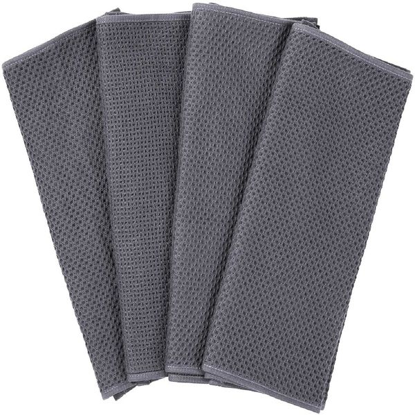 100% Cotton Waffle Weave Kitchen Dish Towels, Ultra Soft Absorbent Quick Drying Cleaning Towel, 13x28 Inches, 4-Pack, Dark Grey