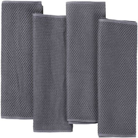 100% Cotton Waffle Weave Kitchen Dish Towels, Ultra Soft Absorbent Quick Drying Cleaning Towel, 13x28 Inches, 4-Pack, Dark Grey