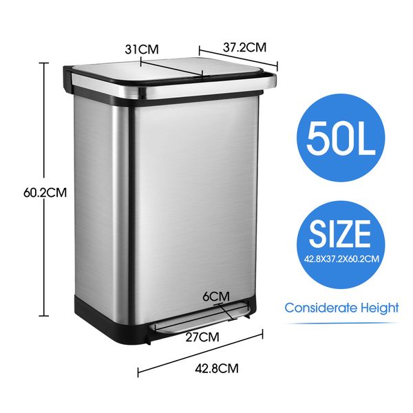 50L Stainless Steel Bin Kitchen Rubbish Bin Recycling Bin Trash Garbage Waste Bin