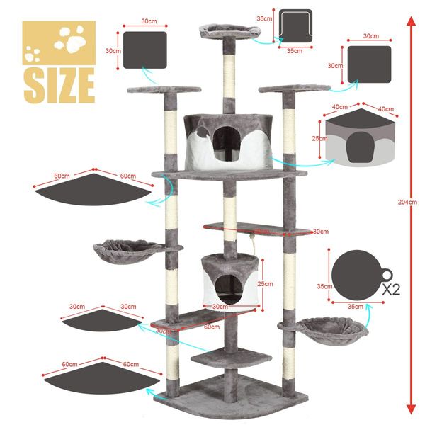 Large Cat Tree Scratching Post Pole Playhouse Gym Home Climbing Tower Perches Condos 200cm Tall 8 Levels