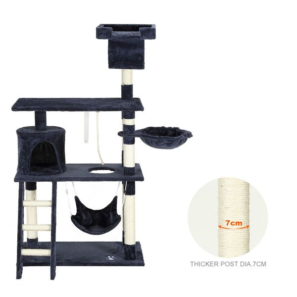 Cat Tree Climbing Gym Scratching Post Tower Pole w/ Cat Tunnel Condo Playhouse Perch Basket Hammock Rope 140cm Tall