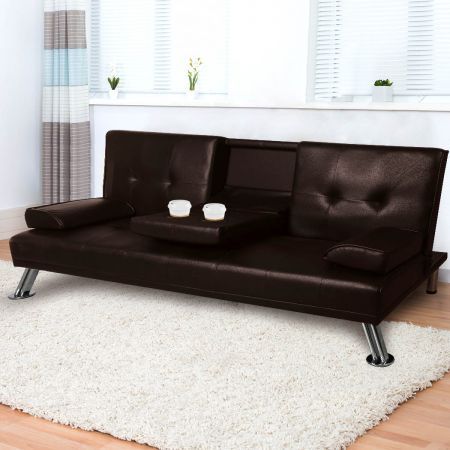 Adjustable Sofa Bed Lounge Futon Couch Leather Beds 3 Seater Cup Holder Recliner Brown