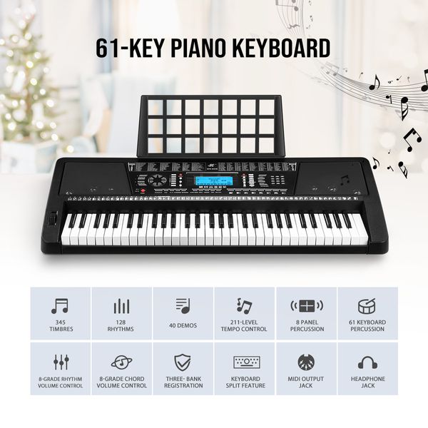 Melodic 61-Key Electronic Piano Keyboard 345 Timbres 40 Demo Songs Music Stand