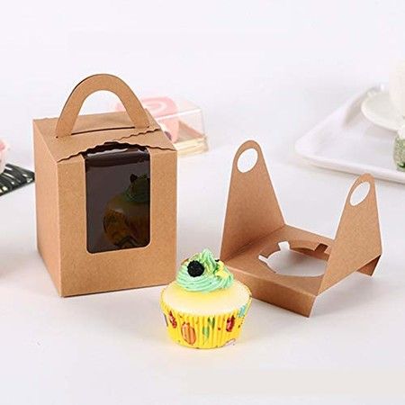 50 Pcs Single Cupcake Boxes with Window Insert and Handle 9.5*11*9.5cm