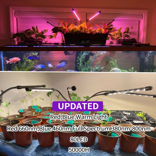 Grow Light for Indoor Plants - Upgraded Version 80 LED Lamps with Full Spectrum & Red Blue Spectrum,  Timer, 10 Dimmable Level, Adjustable Gooseneck