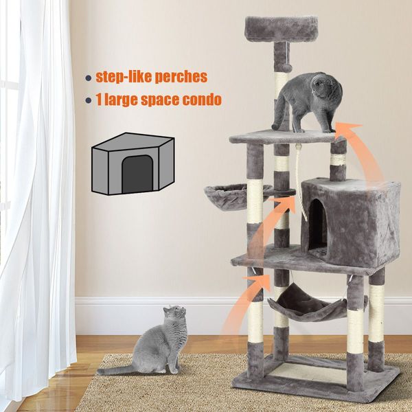 Large Cat Scratching Post Tree Tower Climbing Pole Gym with Playhouse Condo Rope Toy Hammock Perch 153cm Tall