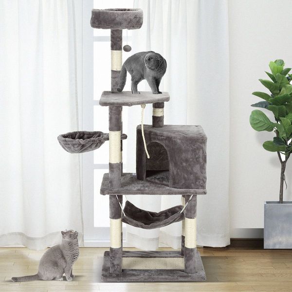 Large Cat Scratching Post Tree Tower Climbing Pole Gym with Playhouse Condo Rope Toy Hammock Perch 153cm Tall