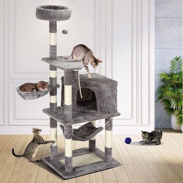 Large Cat Scratching Post Tree Tower Climbing Pole Gym with Playhouse Condo Rope Toy Hammock Perch 153cm Tall