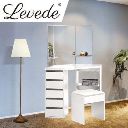 Levede Dressing Table Stool Mirror Jewellery Organiser Makeup Cabinet 5 Drawers White