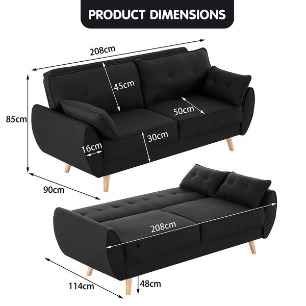 Sarantino 3 Seater Modular Linen Fabric Sofa Bed Couch Futon - Black